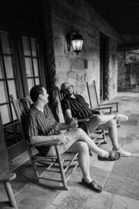 Newlywed couple relaxes after their wedding ceremony.